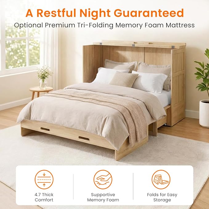 CECER Queen Murphy Bed with Mattress for Guest/Small Space-Natural Wood | Built-in Multi-Port Charging Station ＆ Large Storage Drawer，Space Saving ＆ Easy Assemble and Conversion