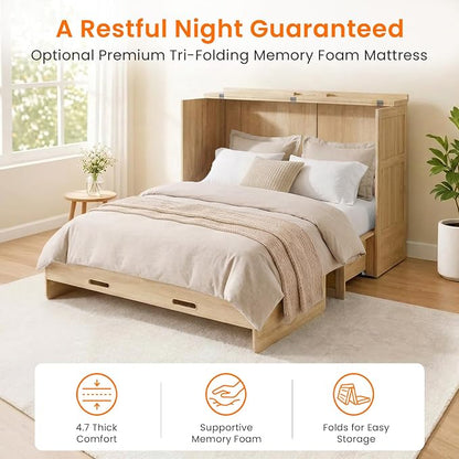 CECER Queen Murphy Bed with Mattress for Guest/Small Space-Natural Wood | Built-in Multi-Port Charging Station ＆ Large Storage Drawer，Space Saving ＆ Easy Assemble and Conversion