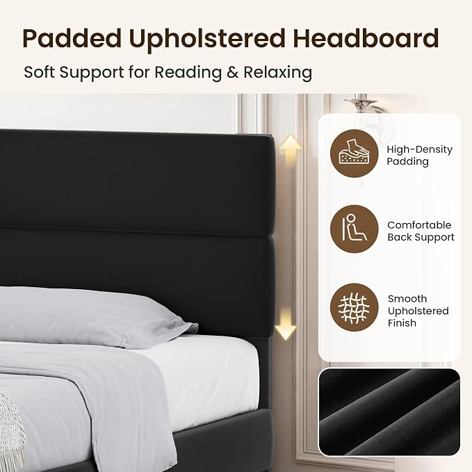 GRUSIGN Twin Size Platform Bed Frame with Velvet Headboard, Adjustable Height Wooden Slats Support, Upholstered Mattress Foundation, Fits Mattress or Mattress with Box Spring, Easy Assembly, Black