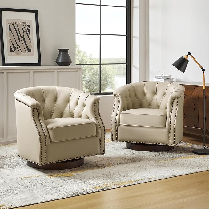 HULALA HOME Genuine Leather Swivel Accent Chairs Set of 2, Swivel Rocker Barrel Chairs, Traditional Chesterfield Armchairs with Button-Tufted Design, No Assembly Required, Beige