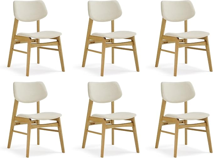 KISLOT Wooden Dining Chairs Set of 6, Upholstered Modern Dining Room Chairs, Solid Oak Wood Kitchen Chairs with Soft Cushion Backrest for Farmhouse, Restaurant, Café (Cream Fabric & Original Color)