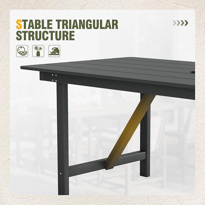 UDPATIO HDPE Outdoor Dining Table Heavy Duty All-Weather Resistant with Umbrella Hole Furniture for Patio, Poolside, Deck, Garden, Porce, Kitchen, Room,Light-Black,1Table