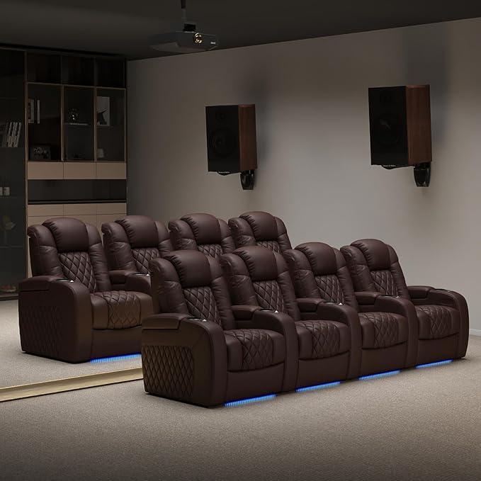 Weilianda Home Theater Seating Top Grain Leather Zero Gravity Recliner Chair Power Headrest Recline Movie Seat Gaming 7 Colors Mood Light Sofa with Tray Table USB Charge Row of 2 Loveseat Brown