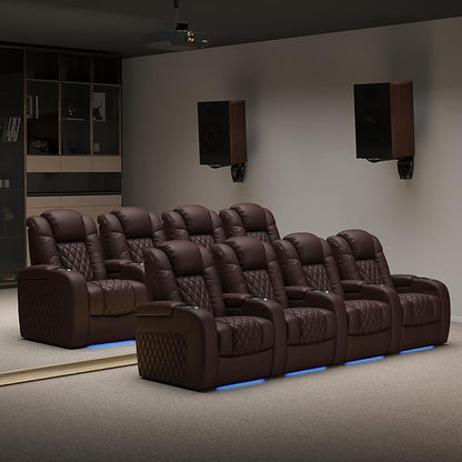Weilianda Home Theater Seating Top Grain Leather Zero Gravity Recliner Chair Power Headrest Recline Movie Seat Gaming 7 Colors Mood Light Sofa with Tray Table USB Charge Row of 2 Loveseat Brown