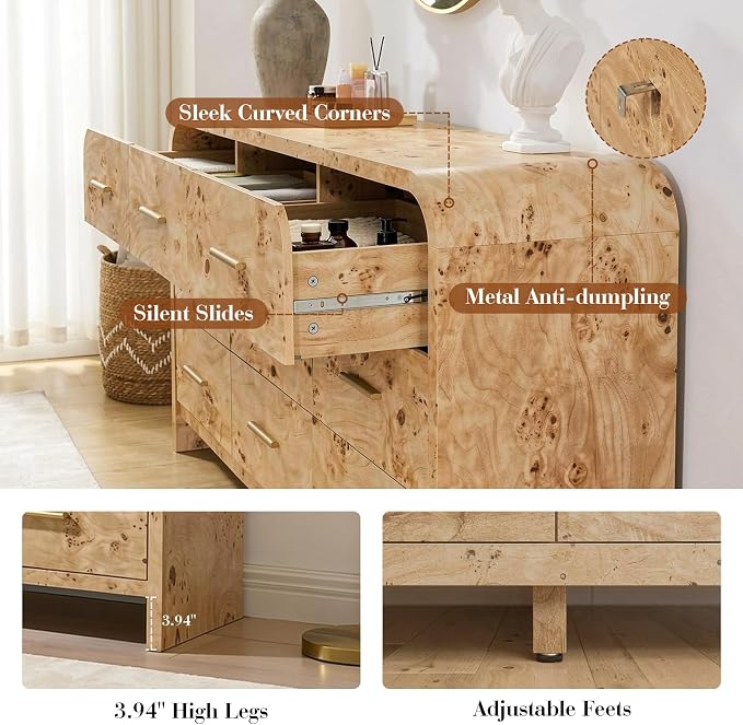 Curved 7 Drawer Dresser for Bedroom, 53.82'' Wide Chest of Drawers, Modern Storage Cabinet for Hallway & Living Room TV Stand, FSC Certified 1.18" Thick Board, 100 lbs Top Weight, Light Burl