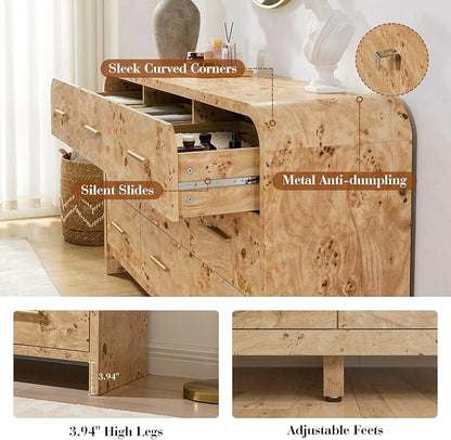 Curved 7 Drawer Dresser for Bedroom, 53.82'' Wide Chest of Drawers, Modern Storage Cabinet for Hallway & Living Room TV Stand, FSC Certified 1.18" Thick Board, 100 lbs Top Weight, Light Burl