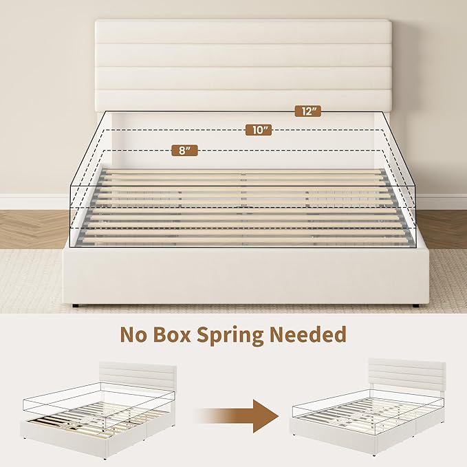 Garvee Queen Size Bed Frame, Velvet Upholstered Platform Storage Bed with 4 Drawers, Wooden Slats Support, No Box Spring Needed, Easy Assembly, Beige