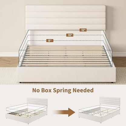 Garvee Queen Size Bed Frame, Velvet Upholstered Platform Storage Bed with 4 Drawers, Wooden Slats Support, No Box Spring Needed, Easy Assembly, Beige