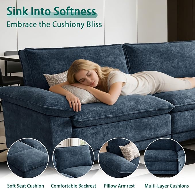 Modern U Shaped Sofa Couches for Living Room, Modular Sectional Cloud Couch with Movable Ottoman, Comfy Chenille Sofa for Apartment and Small Space, Blue