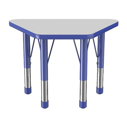 FDP Trapezoid Activity School and Classroom Kids Table (18 x 30 inch), Chunky Toddler Legs for Collaborative Seating Environments, Adjustable Height 15-24 inches - Gray Top and Blue Edge
