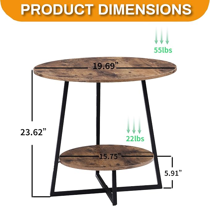 D&H FURNIMMT Round End Table Set of 2, 20" Industrial 2-Tier Side Table, Metal Frame Nightstand Accent Table for Living Room Bedroom Small Spaces, Rustic Brown & Black