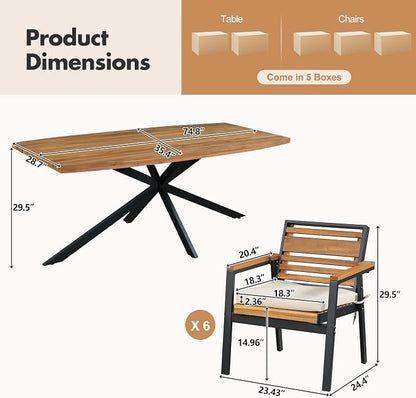 Quarte Stylish 7-Piece Acacia Wood and Iron Dining Set with Removable Cushions – Perfect for Indoor and Outdoor Family Gatherings (Beige/m+w)