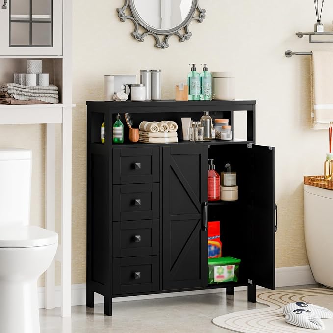 Vabches Farmhouse Storage Cabinet with 2 Doors and 4 Drawers, Freestanding Bathroom Compartment Kitchen Pantry Cabinet, Floor Cupboard for Kitchen/Living Room/Bathroom,Pure Black