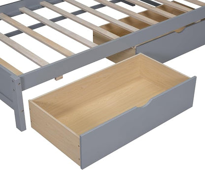 Bellemave Twin Corner Bed Frame, Wood Twin Size Daybed with L-Shaped Bookcase and 2 Drawers，Daybed with Storage Cabinets, Gray