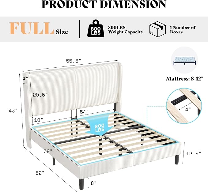 AMERLIFE Full Bed Frame, Upholstered Platform Bed with Corduroy Headboard, Easy Assembly Modern White Bed Frame with Wooden Slats Support, No Box Spring Needed