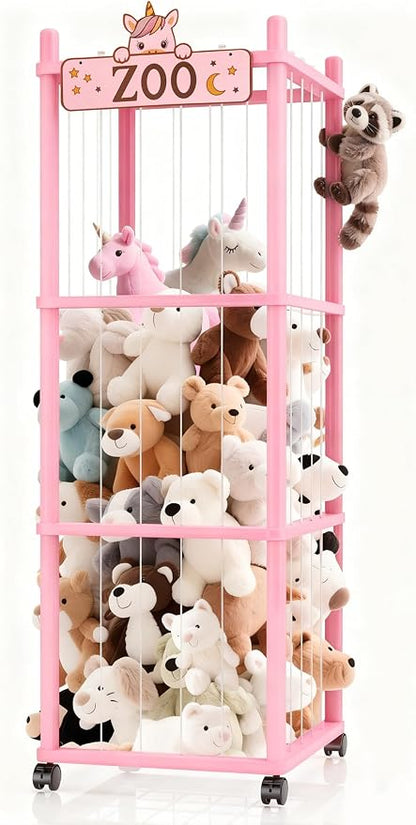 Stuffed Animal Storage Zoo Tower,56In Wooden Large Stuffed Animal Holder Organizer with Wheels,Stuffy Plushies Storage with Elastic Band&Mesh Bottom,Toy Organizers for Playroom Nursery（Pink）