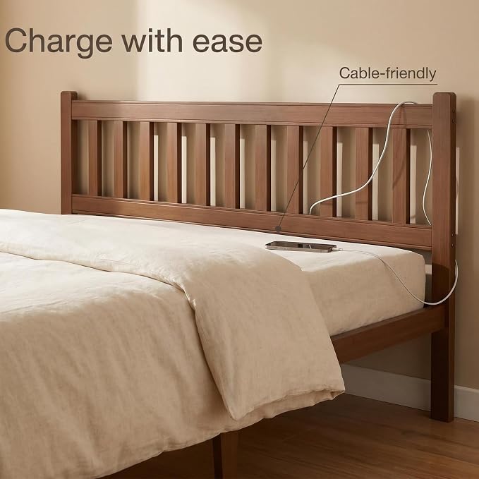 Askeld Bamboo Queen Bed Frame with Headboard, 14 Inch High Wood Platform Bed No Box Spring Needed, Modern Minimalist Heavy Duty Bedframe, Easy Assembly, Noise Free, Walnut Color
