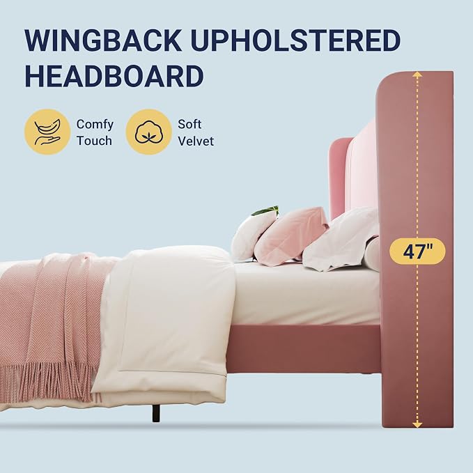 Allewie King Size Velvet Platform Bed Frame with Vertical Tufted Wingback Headboard, Easy Assembly, Under Bed Storage, No Box Spring Required, Modern Style, Pink