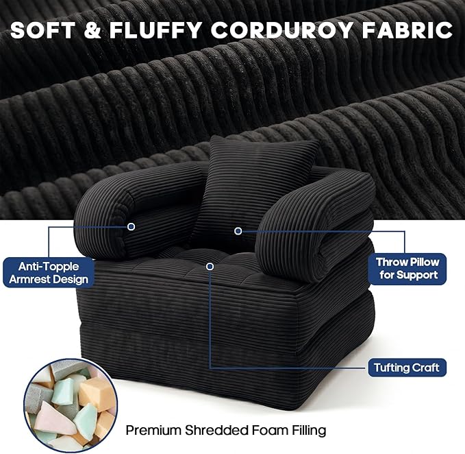 Convertible Sleeper Chair, Folding Sofa Bed with Armrests, Foldable Boneless Bed, 3-in-1 Portable Corduroy Futon Couch Floor Sofa with Pillow for Bedroom, Living Room, Black