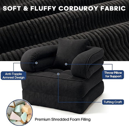 Convertible Sleeper Chair, Folding Sofa Bed with Armrests, Foldable Boneless Bed, 3-in-1 Portable Corduroy Futon Couch Floor Sofa with Pillow for Bedroom, Living Room, Black