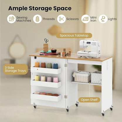 Giantex Folding Sewing Table with Charging Station, Rolling Craft Table with Storage Trays & Shelf, Foldable Sewing Machine Cabinet Desk with Lockable Wheels for Small Spaces (White & Natural)