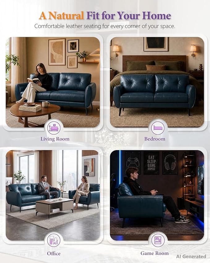 TYBOATLE Sofa Couch 61" Small Loveseat Couches for Living Room Leather Couch Mid Century Modern Tufted Mini Sofa Comfy Office 2 Seat Settee Love Seat Small Couches for Spaces Bedroom (2, Blue)