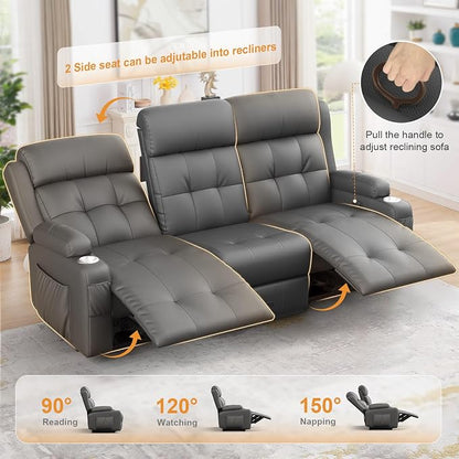 Recliner Sofa, 78.2" PU Leather Reclining Couch Loveseat with Flip Middle Backrest & Drawers - 3 Seat Home Theater Seating, Massage - Lumbar Support for Family Living Room & RV