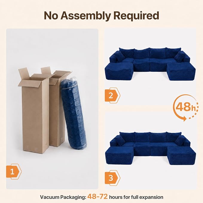 Claiks 120" Boneless Couch, Cloud Couch Sectional, U-Shape Corduroy Modular Sectional Sofa Deep Seat, Upholstered Couches for Living Room, No Assembly Required, Blue