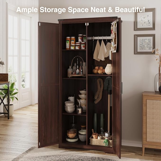 Befrases Farmhouse Storage Cabinet with Adjustable Shelves, Large Pantry Organize with 2 Barn Doors, Tall Freestanding Cabinet for Kitchen, Bathroom, Garage, Basement, Living, Utility Room, Brown