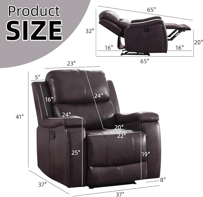 CANMOV Manual Recliner Chair Set of 2, Classic Faux Leather Recliner Chair with Overstuffed Arms and Back, Manual Single Sofa with Concealed Cup Holders, Dark Brown