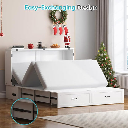 CECER Queen Murphy Bed with Mattress，Space Saving and Easy Assemble-White | Built-in Multi-Port Charging Station ＆ Large Storage Drawer，Sturdy frame ＆ Easy to Move Track
