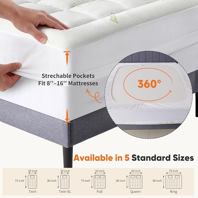 Sweetcrispy Ultra Soft Mattress Topper Full Size - Viscose Made from Bamboo Pillow Top Mattress Pad for Breathable Cooling & Back Pain Relief, Deep Pocket Comfort Bed Topper, Green