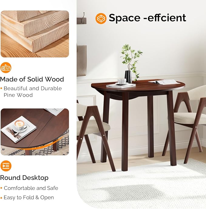 VINGLI 35" Solid Wood Folding Dining Table, Drop Leaf Kichen Dining Room Desk for Small Spaces, Small Kitchen, Expandable Folding Round Table for Home, Apartment,Office, Brown