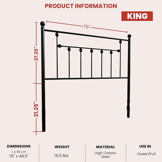 Victorian Metal Headboards, Adjustable Height Iron Frame, Rustic Farmhouse Style, Elegant and Durable Design, Easy Assembly, Universal Fit for Kids & Adults, King Size, Black Finish