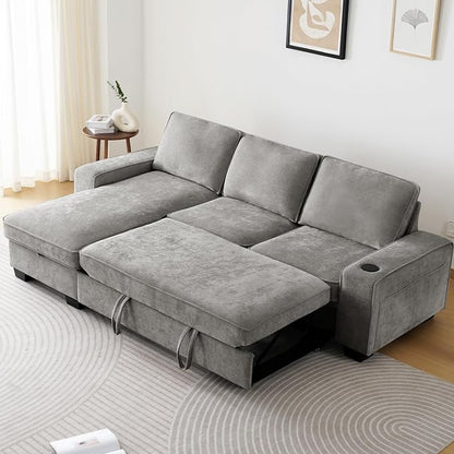 99" Convertible Sleeper Sofa Bed,L Shaped with Storage Chaise Pull Out Couch for Living Room,USB and Type-C,Removable Washable Chenille Covers (Gray)