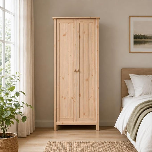 From the Tree Furniture Wardrobe – 2-Door Armoire, Unfinished Pine, 29.52″ W × 20.86″ D × 70.86″ H – Bedroom Closet with Adjustable Shelves & Hanging Rail, Stain-Ready