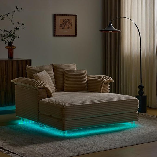 VINGLI Floating Chaise Lounge Chair with LED Light, Cloud Couch with Pillow Armrests, Acrylic Legs, High Density Foam Lounge Sofa, Modern Upholstered Chaise Chair for Living Room, Bedroom, Apartment
