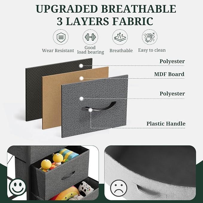 5 Drawers Dresser for Bedroom, Fabric Storage Tower Organizer with Wooden Top and Steel Frame, Tall Chest of Drawers for Closet, Entryway, Dorm, Gray