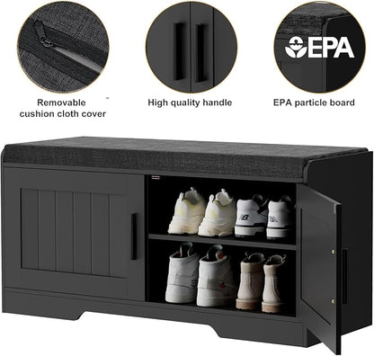 Homleke 2-Tier Storage Bench, Shoe Bench with Thickened Padded Seat Cushion, Entryway Bench with 2 Doors, Adjustable Shelf, 13.8" D x 37.4" W x 18.5" H, for Entryway, Living Room, Bedroom, Black