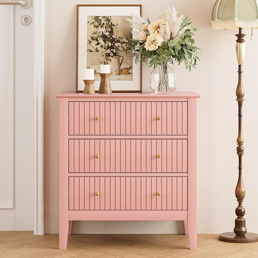 Night Stand, Fluted 3 Drawer Wide Farmhouse Nightstand with Gold Handle, Modern Wooden Bedside End Table for Bedroom, Living Room, Pink