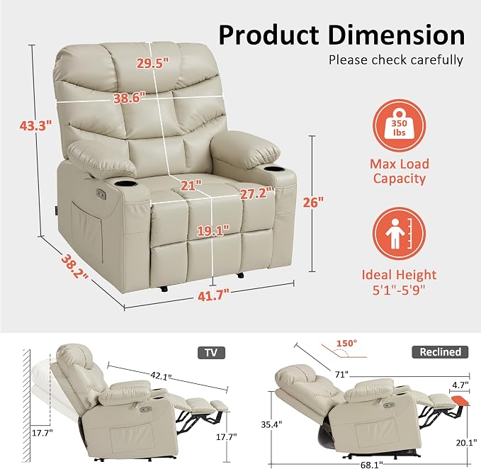 MCombo Oversized Power Lift Recliner Chair with Extended Footrest, Extra Wide for Big and Tall Elderly People, Faux Leather R7289 (Beige, Medium-Wide)