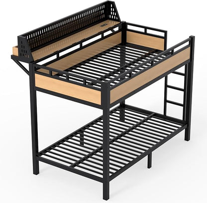 Bellemave Bunk Bed Twin XL Over Twin XL，Metal Bunk beds with Storage Shelves USB Ports and LED Lights, Natural