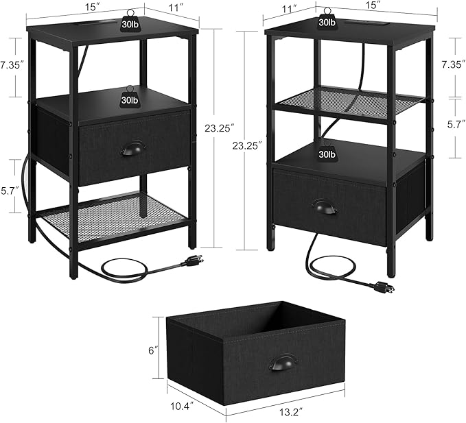 sthmec Nightstands Set of 2, LED Bedside Tables with Charging Station and Fabric Drawer, Night Stand with Storage, 3 Tier Side Table with Open Shelf, LED Nightstand with Charging Station, Black