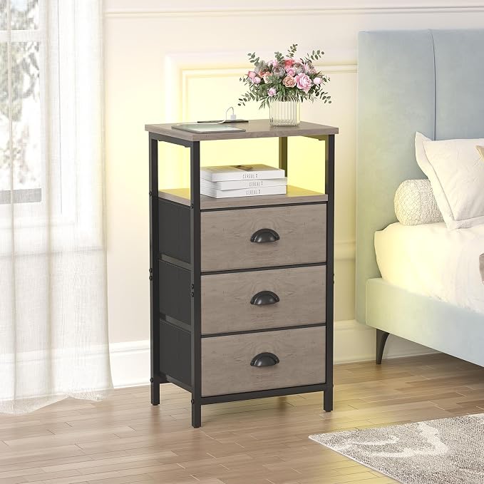 sthmec Nightstand with Charging Station,LED Nightstand with 3 Fabric Drawers, Bedside End Tables, 2-Tier Open Storage Shelf, Side Table Nightstand with Drawers for Bedroom,Grey