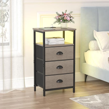 sthmec Nightstand with Charging Station,LED Nightstand with 3 Fabric Drawers, Bedside End Tables, 2-Tier Open Storage Shelf, Side Table Nightstand with Drawers for Bedroom,Grey