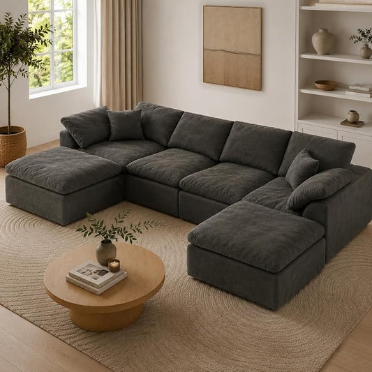 138" Boneless Cloud Couch Sectional for Living Room, Oversized Modular U Shaped Sofa with Double Chaise, Deep Seat Chenille Sectional Couch for Cloud-Like Comfort(Onyx Black)