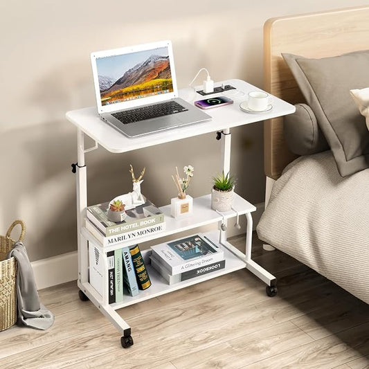 Mobile Laptop Desk with Power Outlets, Height Adjustable TV Tray Table with Storage Shelf, Rolling Computer Table with USB Ports (White)