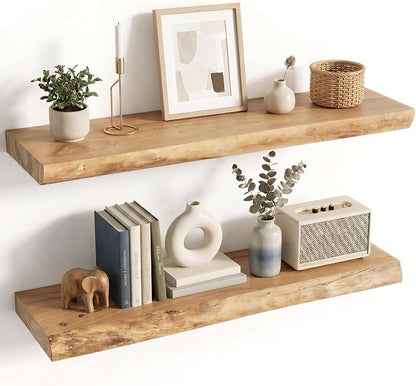 Venusmiles Live Edge Elm Floating Shelves for Wall Decor, Rustic Solid Wood Shevles Wall Mounted with Invisible Bracket for Living Room Bathroom Bedroom Kitchen, 32 Inch Set of 2, Natural