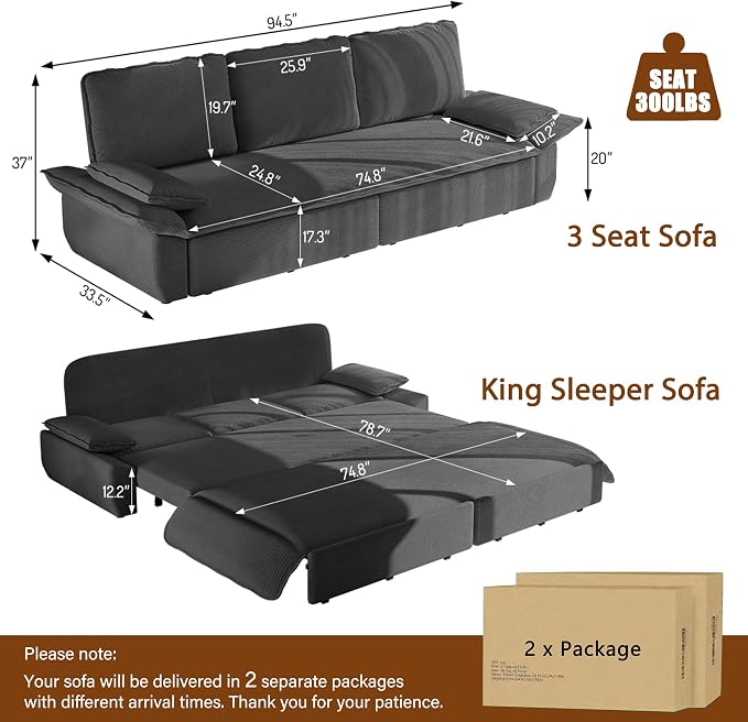 94.5" Pull Out Couch King Size, Futon Sofa Bed, 3-in-1 Convertible Sleeper Sofa Bed with Cushion Armrest, Modern Corduroy Loveseat Couches for Living Room, Small Space, Apartment, Dark Grey