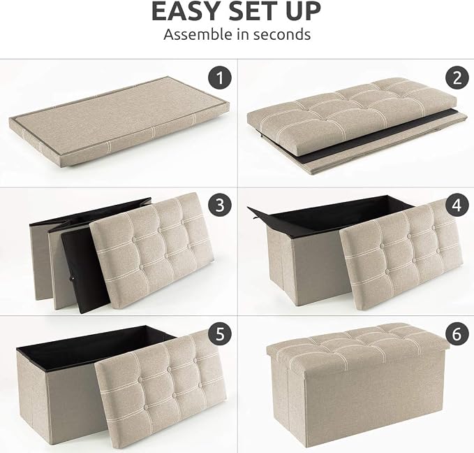YOUDENOVA 30 Inch Storage Ottoman, Folding Ottoman with Storage, Linen Storage Bench Supports Up to 350 lbs, Footrest Seat for Living Room, Bedroom, Beige